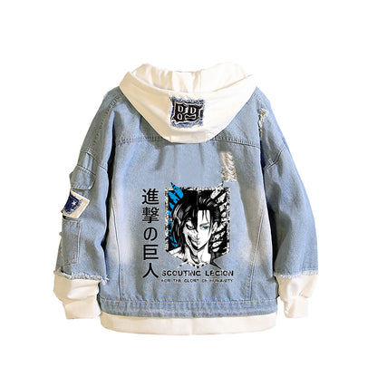 Anime Attack on Titan Unisex Streetwear Long Hooded Jeans Jacket Guilty Crown Death Note Harajuku Denim Patchwork Hoodies Coat